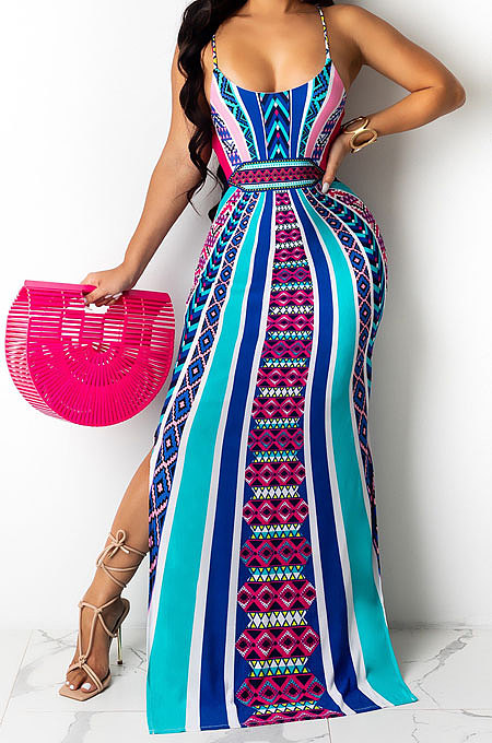 Women Positioning Printing Condole Belt Backless Long Dress QQM4287
