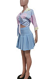 Women Shirt Tops Blue Plaid Skirts Sets HM5438