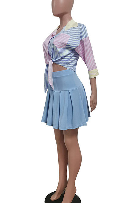 Women Shirt Tops Blue Plaid Skirts Sets HM5438