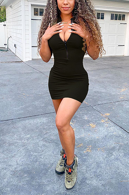 Summer Women Pure Color Zipper Dress AMX6031
