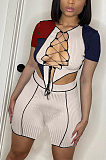 Sexy Hollow Out Shorts Sleeve Rib Color Matching Shorts Sets HT6066
