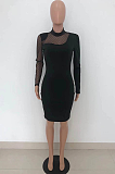 Sexy Long Sleeves Black Mesh Patchwork Dress HT6067