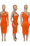Women Pure Color Ice Silk Pit Bar Sexy Cultivate One's Morality Inclined Shoulder Irregularity Midi Dress ATE5130