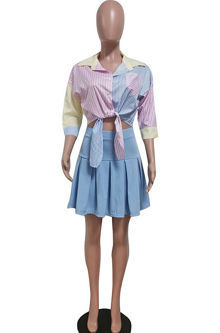 Women Shirt Tops Blue Plaid Skirts Sets HM5438