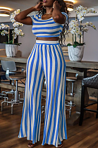Plus Size Fashion Round Neck Striped Short Sleeves Pants Sets AMX6030
