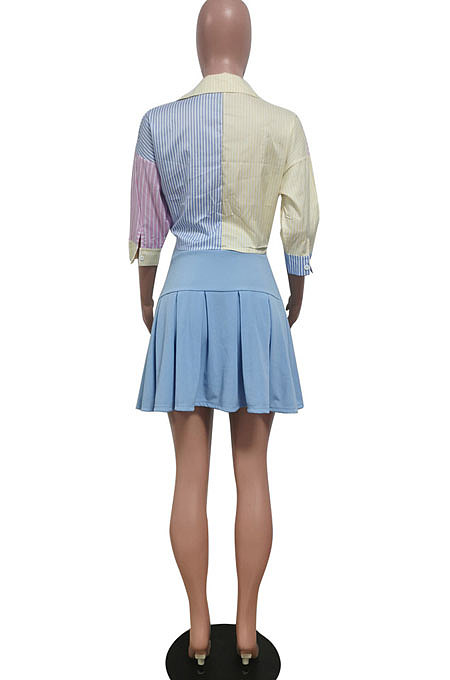 Women Shirt Tops Blue Plaid Skirts Sets HM5438