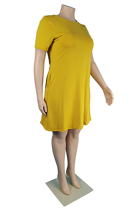 Golden Yellow Women Casual Pure Color Plus Size Loose Dress TC079