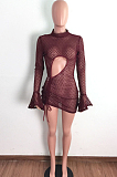 Mesh Perspective Drawsting Ruffle Flare Sleeve Casual Dress LA3279