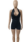 Pure Color Sexy Hanging Neck Backless Shorts Sets ABL6682