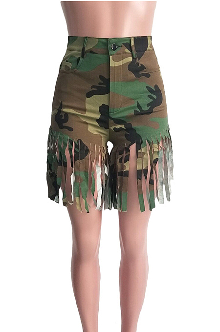 Fashion Tassel Camouflage Printing Shift Shorts SN3644