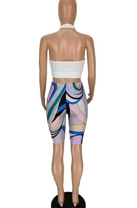 Halter Neck Backless Cross Hollow Out Printing Two-Piece MN8369