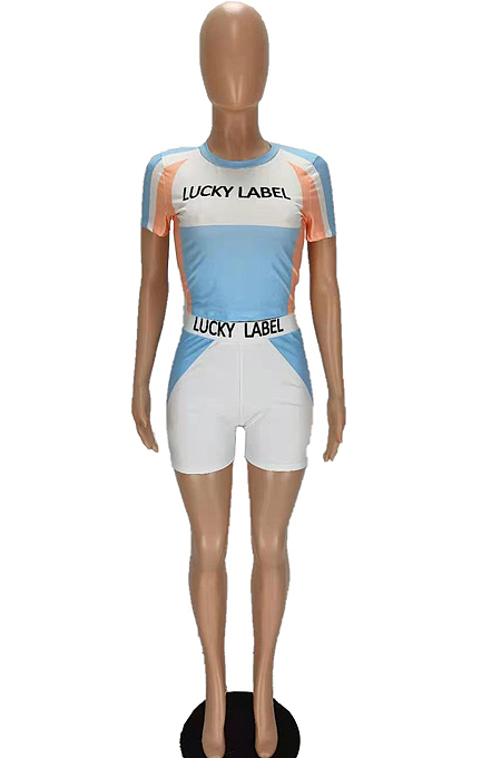 Letter Color Matching Printing Short Sleeve Shorts Two-Piece MN8351
