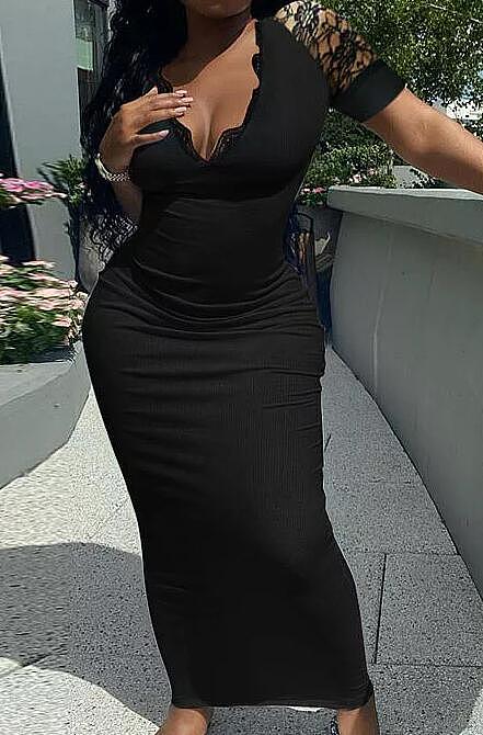 V Neck Lace Spliced Short Sleeve Cultivate One's Morality Sexy Long Dress Q884