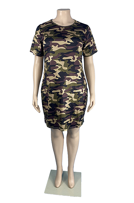 Plus Size Casual Loose Camouflage  Round Neck Dress TC084