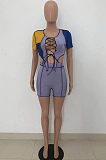 Sexy Hollow Out Shorts Sleeve Rib Color Matching Shorts Sets HT6066