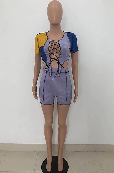 Sexy Hollow Out Shorts Sleeve Rib Color Matching Shorts Sets HT6066
