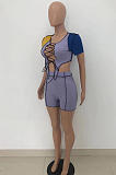 Sexy Hollow Out Shorts Sleeve Rib Color Matching Shorts Sets HT6066