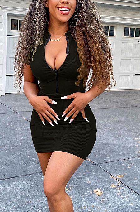 Summer Women Pure Color Zipper Dress AMX6031