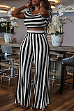 Plus Size Fashion Round Neck Striped Short Sleeves Pants Sets AMX6030