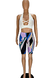 Halter Neck Backless Cross Hollow Out Printing Two-Piece MN8369