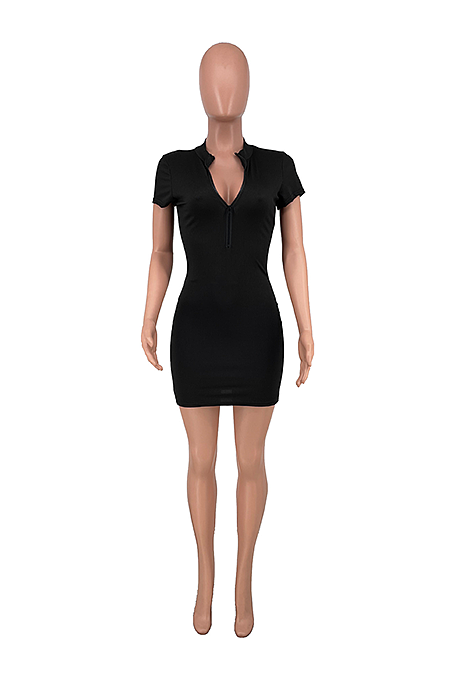 Summer Women Pure Color Zipper Dress AMX6031