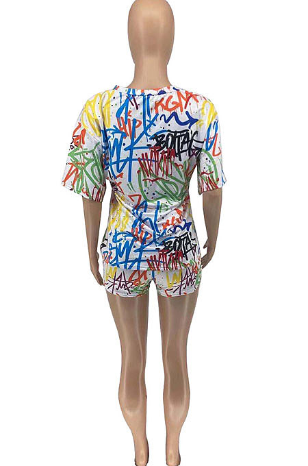 Women Loose Casual Scrawl Printing V Neck Shorts T Shirts Sexy Two Pieces ATE5221