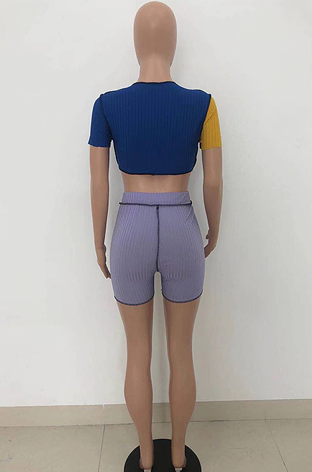 Sexy Hollow Out Shorts Sleeve Rib Color Matching Shorts Sets HT6066
