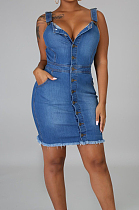 Wash Water Wear White Sling Backless Cowboy Dress LA3271