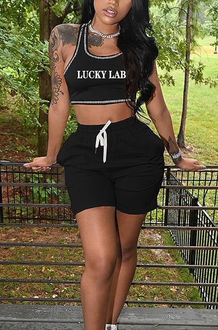 Casual Pure Color Embroidery Letter Print Vest Shorts Sets ANK06020