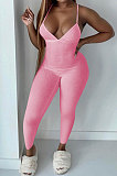 Pure Color Rib Condole Belt Backless Bodycon Jumpsuits NK252