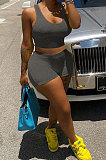 Women Yoga Pure Color Backless U Neck Tank Tops Shorts Jumpsuit 2 Sets MLM9071