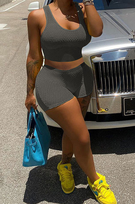 Women Yoga Pure Color Backless U Neck Tank Tops Shorts Jumpsuit 2 Sets MLM9071