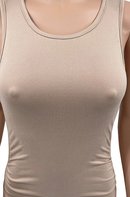 Khaki Women Pure Color Ruffle Drawsting Sleeveless Bodycon Casual Mini Dress MLM9072-1
