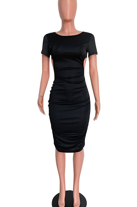 Trendy Sexy Bandage Pure Color Backless Hollow Out Mid Dress HM5478