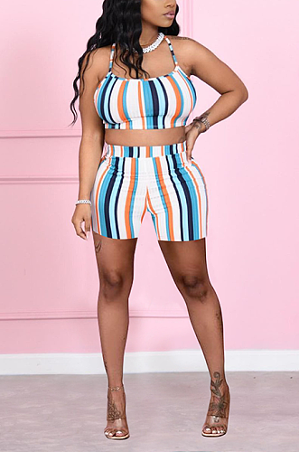 Colored Striped Straps Backless Shorts Sets ANK06021
