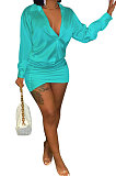 Pure Color Long Sleeve V Neck Trendy Casual Sexy Mini Dress SMY8102