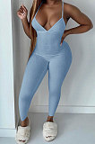 Pure Color Rib Condole Belt Backless Bodycon Jumpsuits NK252