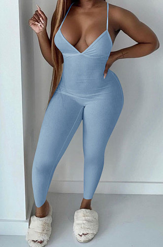 Pure Color Rib Condole Belt Backless Bodycon Jumpsuits NK252