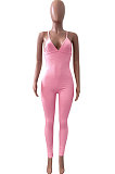 Pure Color Rib Condole Belt Backless Bodycon Jumpsuits NK252