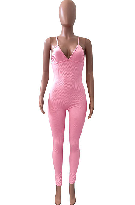 Pure Color Rib Condole Belt Backless Bodycon Jumpsuits NK252