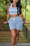Casual Pure Color Embroidery Letter Print Vest Shorts Sets ANK06020