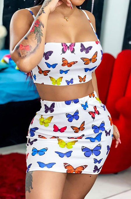 Women Condole Belt Butterfly Printing Skirts Sets SMY8089