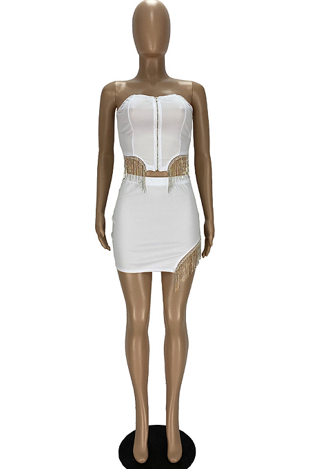 Sexy Tassel Drill Chest Warp Short Skirt Two Piece YT3280