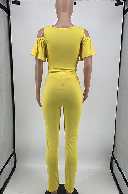 Trendy Casual Pure Color Off Shoulder Flare Leg Pants Sets YM199