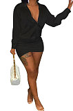 Pure Color Long Sleeve V Neck Trendy Casual Sexy Mini Dress SMY8102