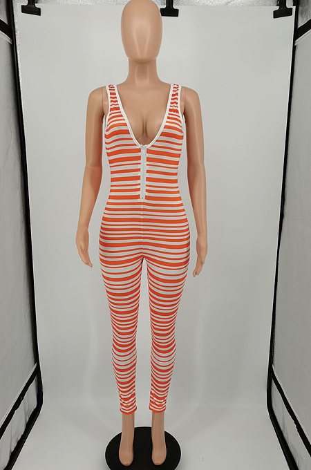 Fashion Stripe Deep V Zipper Vest Bodycom Jumpsuits YM188