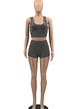 Women Yoga Pure Color Backless U Neck Tank Tops Shorts Jumpsuit 2 Sets MLM9071