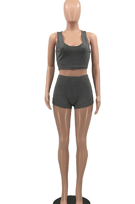 Women Yoga Pure Color Backless U Neck Tank Tops Shorts Jumpsuit 2 Sets MLM9071