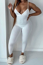 Pure Color Rib Condole Belt Backless Bodycon Jumpsuits NK252