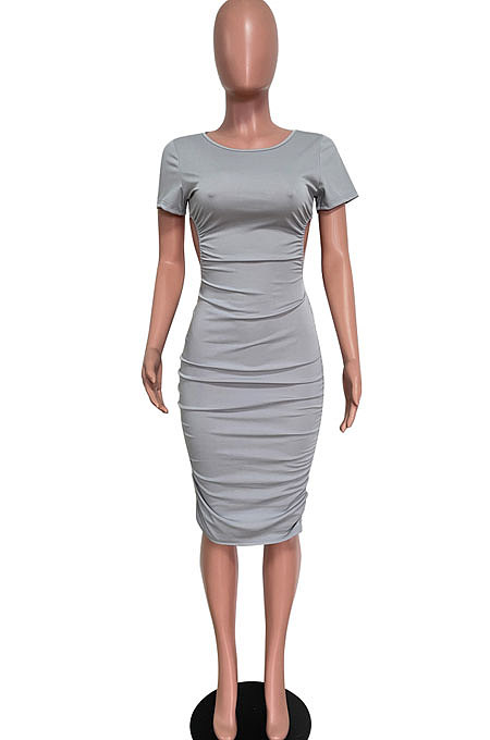 Trendy Sexy Bandage Pure Color Backless Hollow Out Mid Dress HM5478